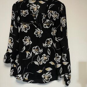 Maurices Black Floral Blouse with White and Gold Accents